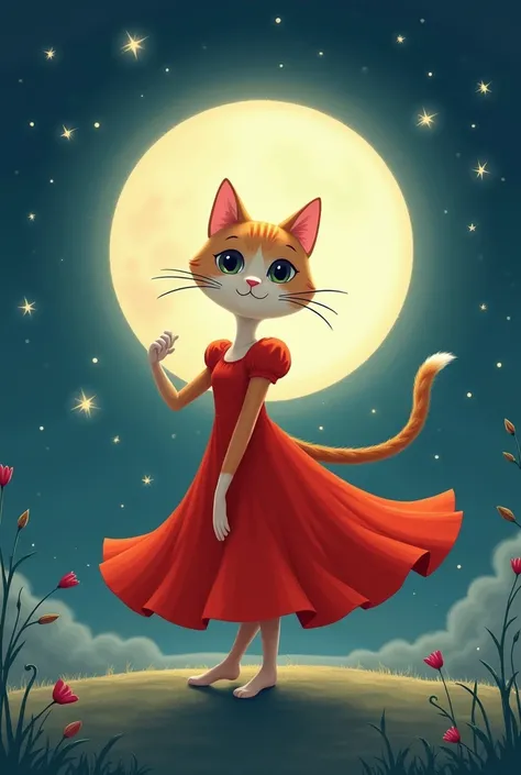 A cat in a red dress dancing in the middle of the moon, simple animated style