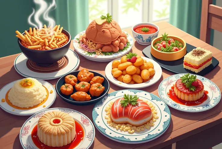 food, table, food, table, anime stylefood, table, food, table, anime style, no people, only food