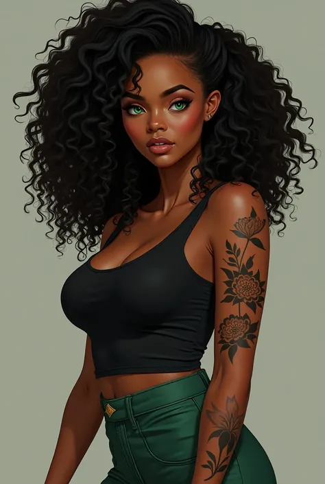 Black woman with green eyes, who in her mid 20’s curvy body and a voluminous curls.. she also has a Dahila tattoo on her forearm and assassin abilities But show that she’s in training mode 