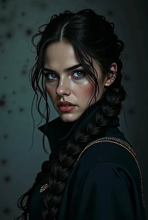 Single Dark braided hair over the shoulder, dark aura, dark background, dark clothes, late-20s woman, blue eyes