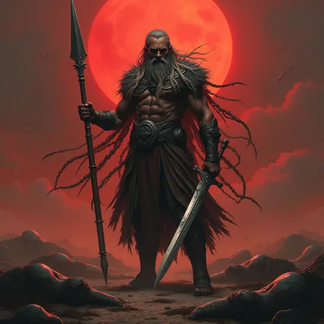 Background where a warrior appears with a spear and what looks like a sword with braids like hair  and around him corpses and some letters that say H4CK_alpha .
