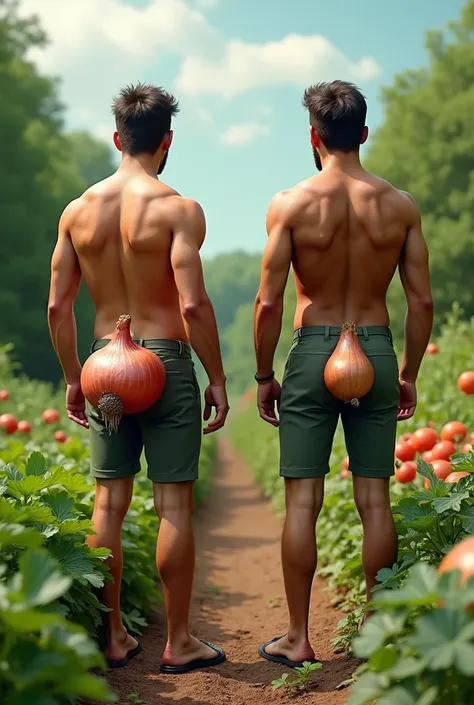 2 hommes dans un potager.
Le premiers homme est de dos avec un oignons comme fessiers et lautre est avec a la place de son entre-jambe 