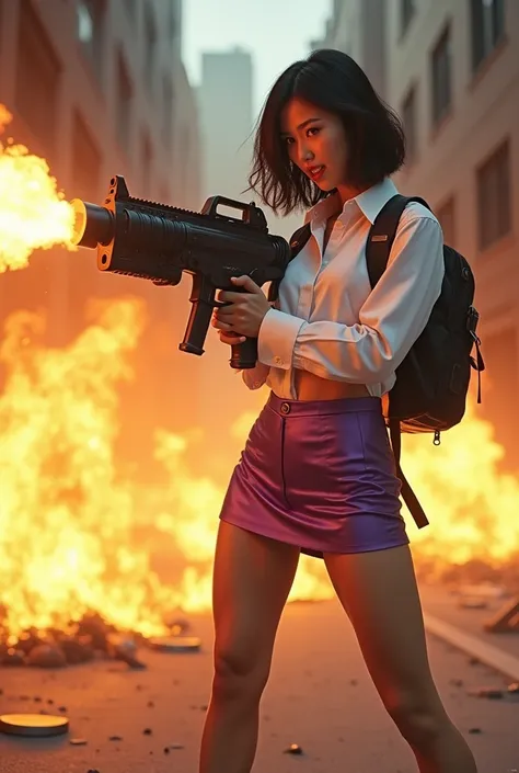 real third person view realistic beautiful japanese office lady in satin white shirt and violet satin tight mini skirt facial expression war cry shouting scream standing upright stance legs wide spread open full portrait holding a very long flame thrower h...