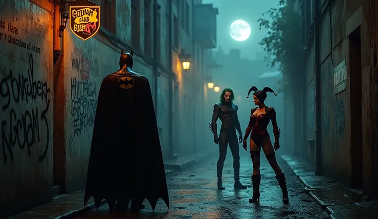 Batman,The Joker,Catwoman and Harley Quinn  in a little dirty street,graffiti on a wall, "Gotham Club Bar" on a shield, very intricate details, dynamic lights, misty,rainy night,fullmoon, 8k,erotic scene, full-body 