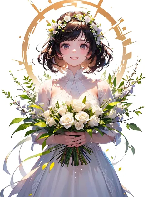 (masterpiece、highest quality、highest quality、Beautiful and beautiful:1.2)、(Good anatomy:1.5)、Milky white straight hair girl、White Costume、A sparkling smile、Sparkling Eyes、looking at the camera、put flowers and leaves on your head、Having a flower bouquet、Ros...