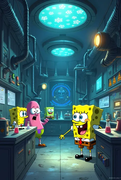 Create a laboratory within the SpongeBob cartoon, need to be technological and be conducting research This image needs to contain an air of mystery and a bit of darkness
