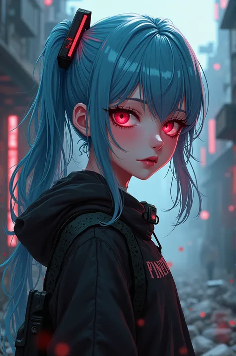 cyperbunk, blood, red eyes, Girl, blue blonde hair, cyberbunk style shirt, アニメ, Unfriendly, Apocalypse, 