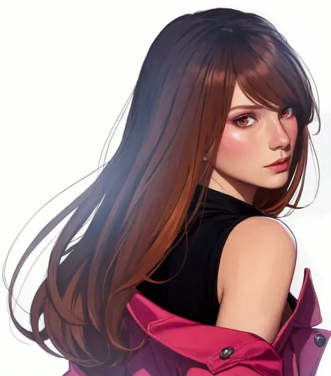 hair long dark blonde Orange locks and pink eyes , black top, red jacket hanging off shoulders, no visible accessories, turned slightly with back facing the viewer, side glance, smooth fair skin, indoor, minimalistic  