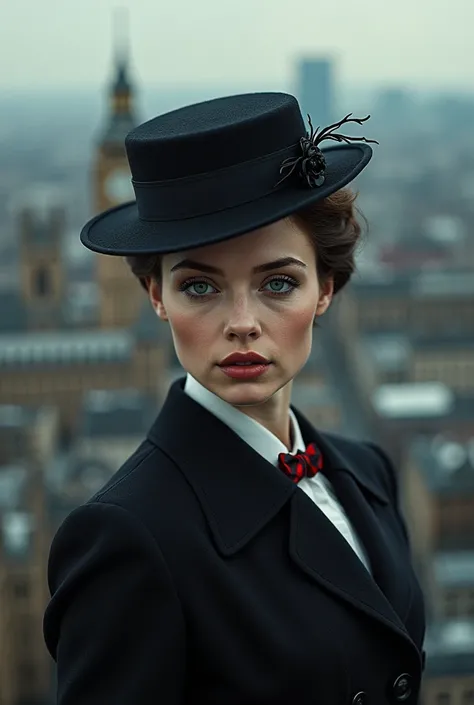 A perfect portrait picture of an enigmatic nany Mary Poppins [Julie Andrews:Emily Blunt:0.5] with aerial background of London, insanely detailed and intricate, realistic style, Don Lawrence Style