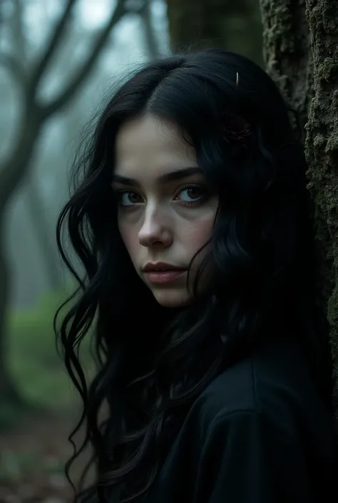 a girl. 20 year old with long wavy curly hair. show her half face on the right side of the picture. and dark forest in background. gothic puc