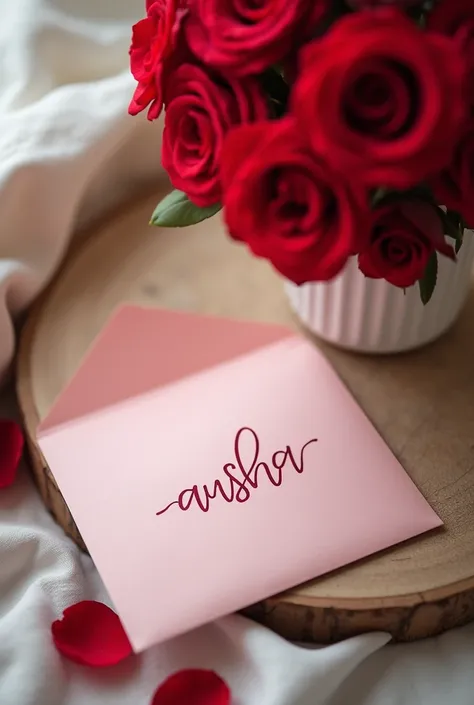 a high angle flatlay photo of the back of a pink envelope with the handwritten word "Ausha" written on it in cursive, lying on a table with red roses in a vase, in a pastel home --ar 2:3 --v 6.0