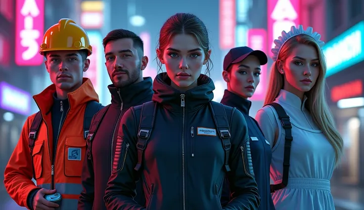 Cyberpunk Neon style, Dressed futuristically, Construction worker, driver, dispatcher, maid, Super detailed, They are standing together, facing the camera, like a banner in an advertisement, Slavic appearance, Dressed futuristically, professions from the f...