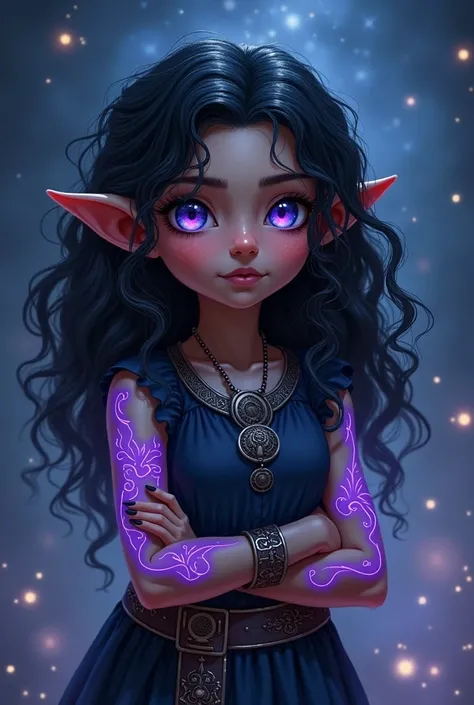 female hobbit with black curly hair and blue-violet glittering eyes. druidin. Round ears. medieval fantasy. purple glowing tattoos on the forearms. at night, stars, cosmos. dungeons and dragons character