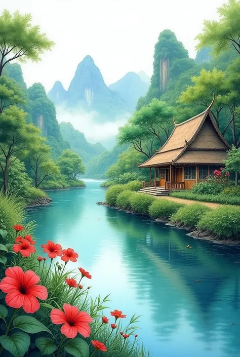 This is a bright watercolor painting of a peaceful landscape with a clear river surrounded by lush trees and bushes. In the foreground are bright red flowers. On the right is a beautiful Thai thatched-roof cottage, partly covered with dense vegetation. In ...