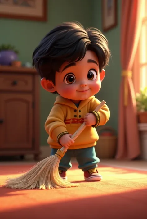 create a boy with semi wavy hair, dark skin color, sweeping the floor. Disney Pixar style