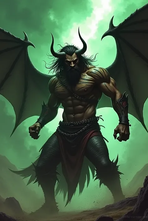 Dark-skinned man with 6 horns , muscled with tiger line tattoos, with long leather pants with chains, black bat wings, green tornado on the back, screaming in combat stance , long black hair and little beard ,6-horned, with 6 horns on the head 