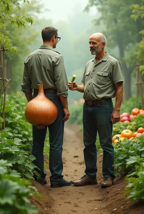 2 men are in a vegetable garden.
The first man is seen from behind with an onion for a buttocks.. 
lautre homme a dans sa main un seul poireau 