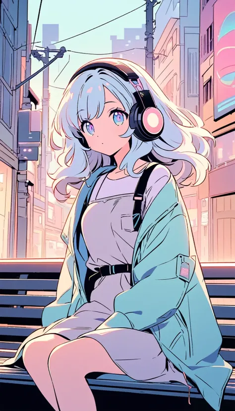 A cute anime-style girl sitting on a nostalgic city bench. She has long, wavy, and fluffy light hair, and is wearing headphones. Her outfit is casual, with a loose coat over a dark shirt or dress. The background features a street with buildings and utility...