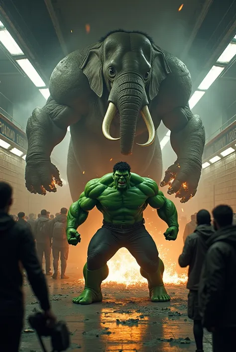 superhero "the hulk" against a big muscular elephant half cyborg angry in the middle of the subway station in new york