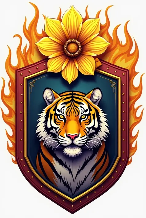 A coat of arms in the form of a shield for fourth-grade students, with a tiger inside and , a yellow flower and fire 