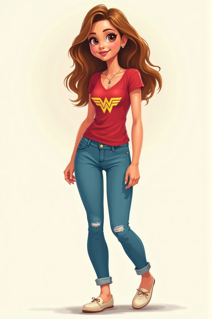  white with brown eyes and light brown hair, short with a Wonder Woman t-shirt, jeans and flats 