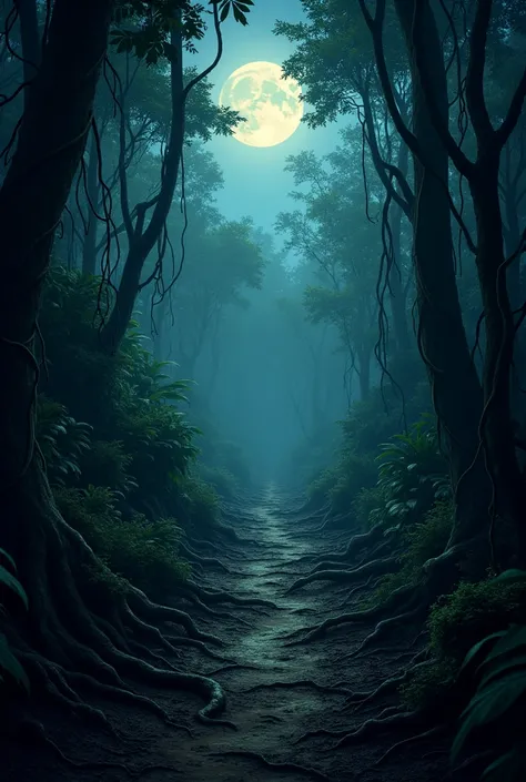  A narrow, overgrown path through the jungle. The path is lined with twisted vines and roots, and the moonlight is faint, creating an almost suffocating darkness. The path seems to lead deeper into the unknown, with no clear way back.
