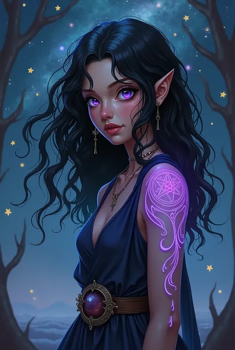 female hobbit with black curly hair and blue-violet glittering eyes. druidin. Round ears. medieval fantasy. purple glowing tattoos on the forearms. at night, stars, cosmos. dungeons and dragons character