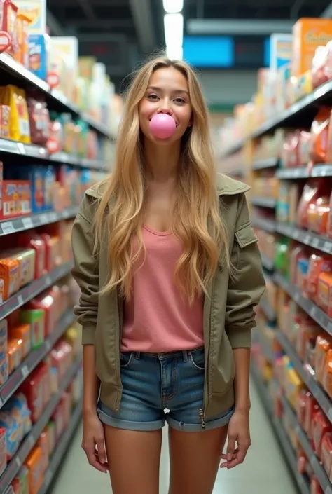 young white American adult with long hair, blonde, light brown eyes, 4k ultra realistic in the aisle of a market in the candy and gum and nonsense session making a ball with gum in her mouth wearing a jacket and denim shorts