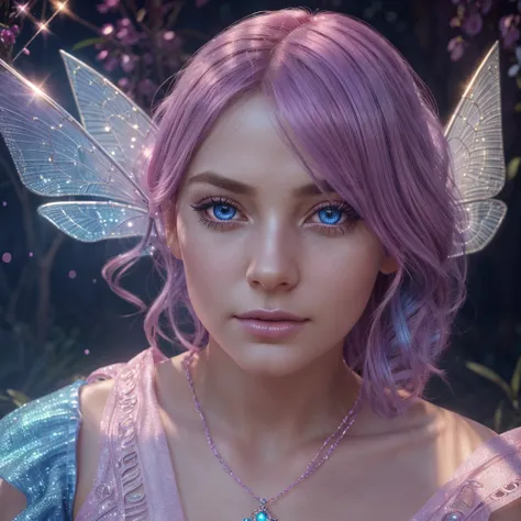 a beautiful young fairy, detailed face and eyes, long eyelashes, elegant pink and blue hair, wearing a sparkly bikini, soft lighting, photorealistic, 8k, high quality, fantasy art, detailed skin, glowing skin, volumetric lighting, detailed jewelry, intrica...