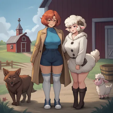 [3 people], (2 mulheres sheep antropomórficas, Short and cute hair, curly, sheep, breasts small, appealing, wool coat, , white thigh high boots, long sleeves, shapely body, sheep tail, big, freckles, freckles no rosto, smug eyes, (animation expression), Sh...