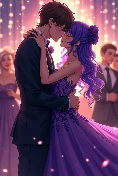 Raiden shogun from genshin impact kissing a light curly brown hair man in a prom. Raiden wearing a purple dress and man has a dark brown Hair. Raiden has purple and dark blue mix hair