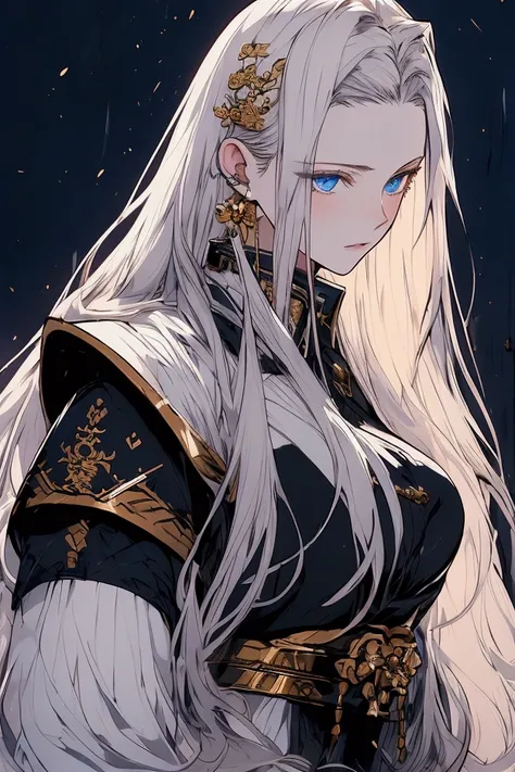 (masterpiece:1.2), best quality, high resolution, wallpaper, (illustration:1.0), beautiful detailed, extremely detailed, perfect lighting, female, masculine body, white long hair, blue eyes, scars, kitsune, warrior, general, 