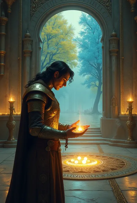 feanor, an elf warrior in royal gold and silver armor, black haired, He is in profile looking fixedly at 3 small, very precious magic stones, cerulean, yellow and green, They are on the table with a lot of magical light and many instruments and craftsman&#...