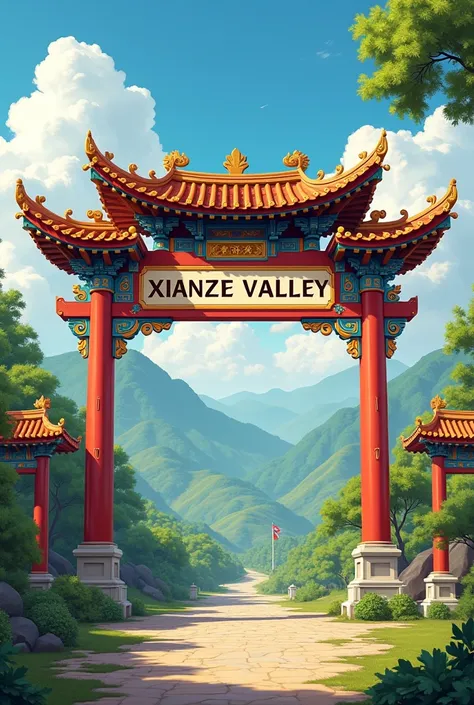 Create a province where there is a beautiful valley with people from all over the world that has a sign that says Welcome To Xianze Valley That is not Asian