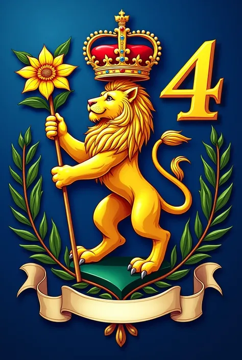 Create me a royal coat of arms for a fourth grade class with a lion inside, a yellow flower and the symbol of fire the rest as you wish 