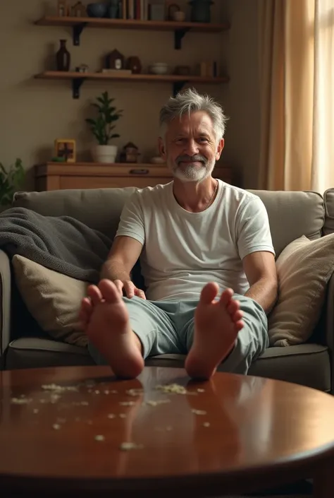 Man sitting on sofa placing his wet soles on coffee table, realisitic