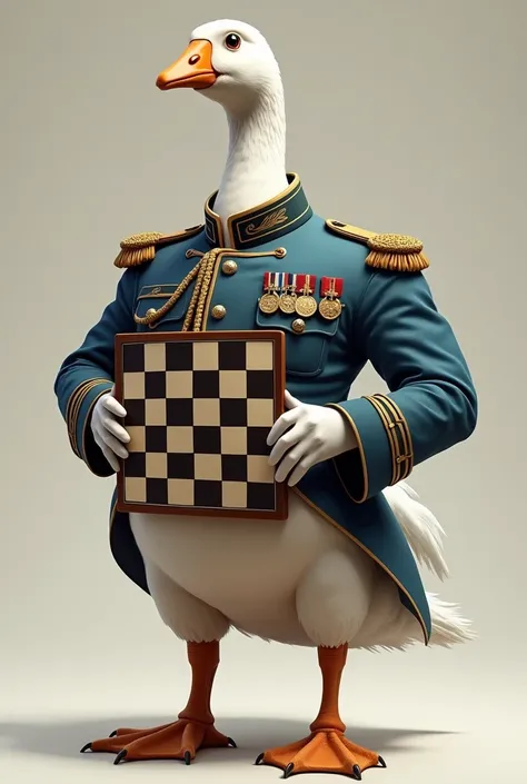 Make a big, strong goose in a soldier&#39;s uniform with a checkerboard in hand 