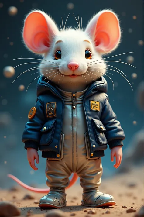 A mouse with a lead jumpsuit and a navy blue jacket