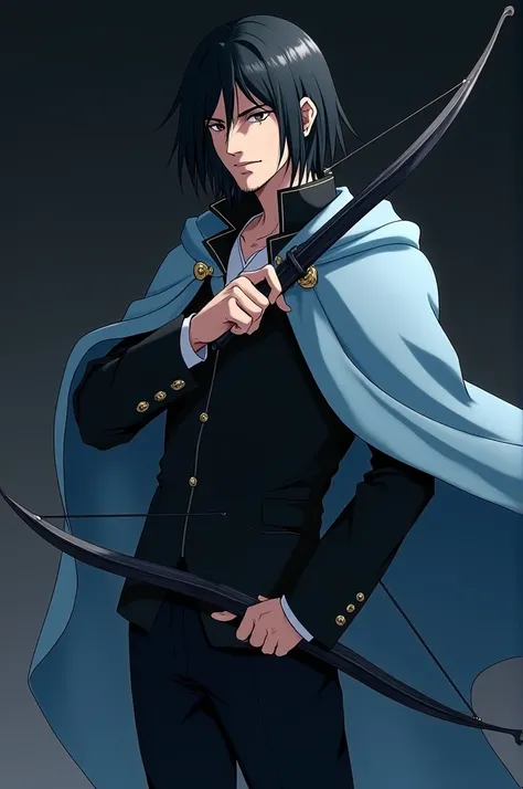 A 4 anime male adult with black long hair, brown eyes, short black beared, wearing a light blue cloak, black gakuran jacket and black pants holding a  crossbow with one hand