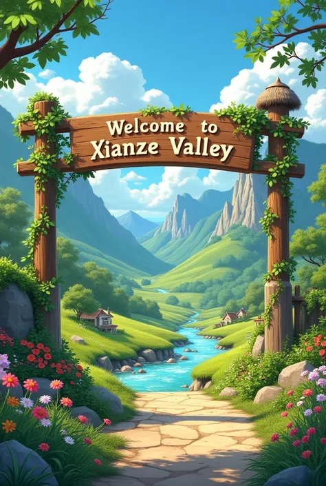 Create a province where there is a beautiful valley with people of all kinds that has a sign that says Welcome To Xianze Valley and is green like in America