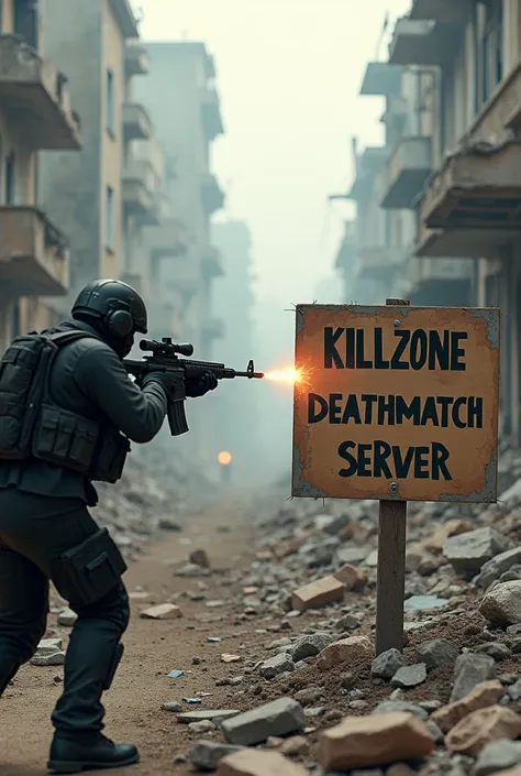 a sign in the middle of rubble saying killzone deathmatch server. In the background, a soldier wearing black is shooting with a sniper rifle.