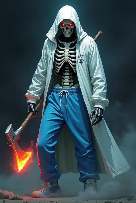 You can create a black skeleton that has a fire axe and its clothing is a white tracksuit.(CLOTHES) and a light blue pants in the style of jujutsu kaisen 