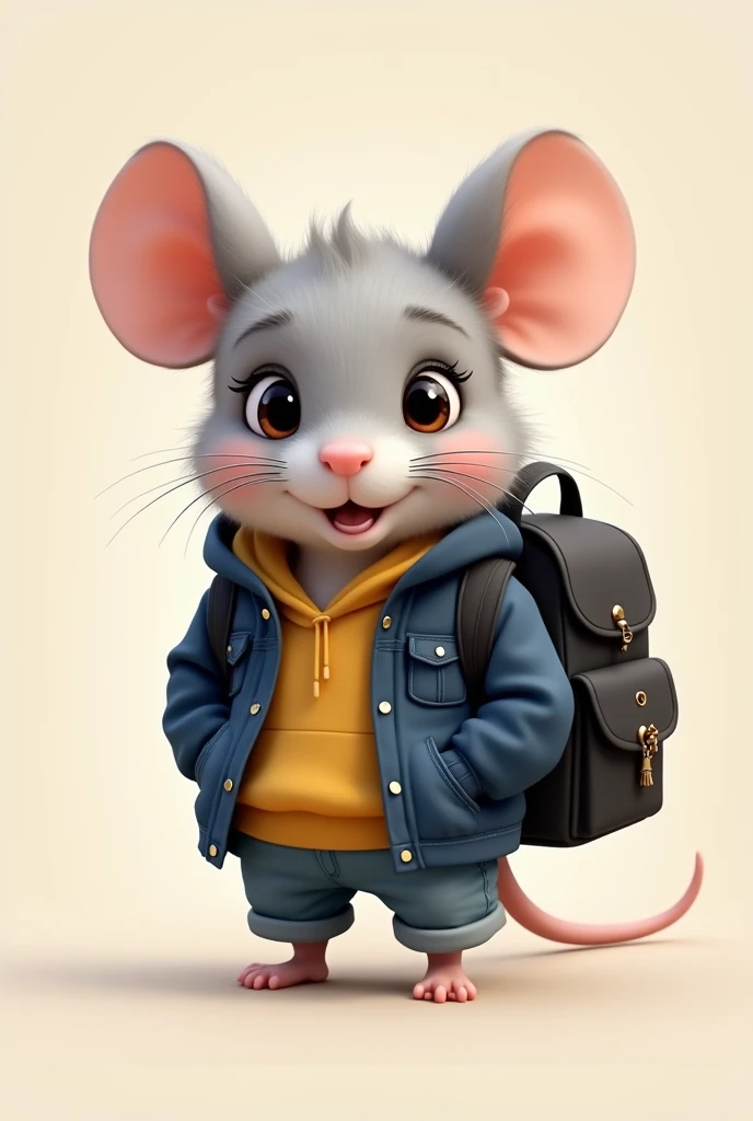 A mouse with a lead jumper and a navy blue jacket More casual and with a black and adorable backpack The lead hood