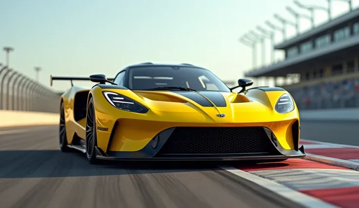 "The Hennessey Venom F5 supercar parked on a racetrack, its vibrant yellow paint gleaming under the midday sun. The cars aggressive stance and aerodynamic design are emphasized, with the camera angle low to the ground to convey power. In the background, th...