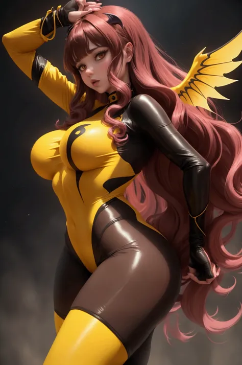 brunette woman demon with tiny wings wearing a yellow black transparent lycra suit with knives athletic body thin big breasts big buttocks long wavy brown hair pink bangs made up big buttocks long pink hair 