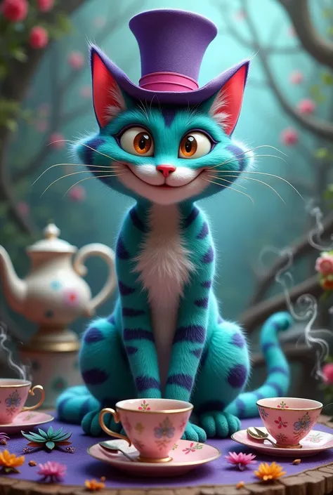 Cheshire rayé turquoise et violet avec un chapeau et une tasse de thé 