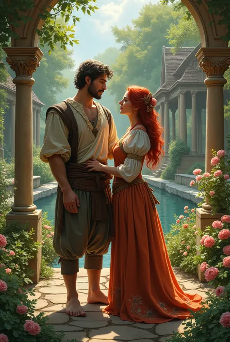 A light brown man and a red-haired woman dressed in medieval clothes posing for a painting, like a medieval fantasy character, in a garden