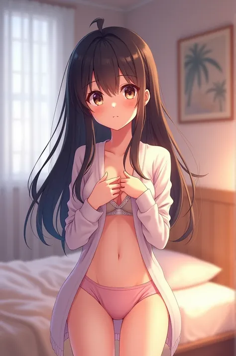 Shy anime girl showing her panties 
