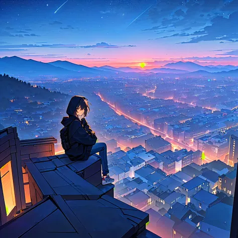 A person with short, slightly messy hair is sitting on the edge of a rooftop, wearing a dark hoodie, jeans, and sneakers. They have a backpack on and appear relaxed, gazing out over a beautifully lit cityscape at dusk. The setting sun casts a warm glow ove...