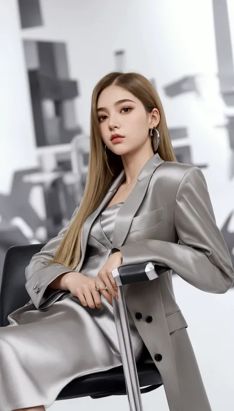 straight, by rubio, grey satin dress, oversized grey blazer, silver earrings, relaxed pose, sitting on a black chair, looking to the side, clear and smooth skin, interior setting with abstract background in grey tones, Soft lighting, Light from the left, m...